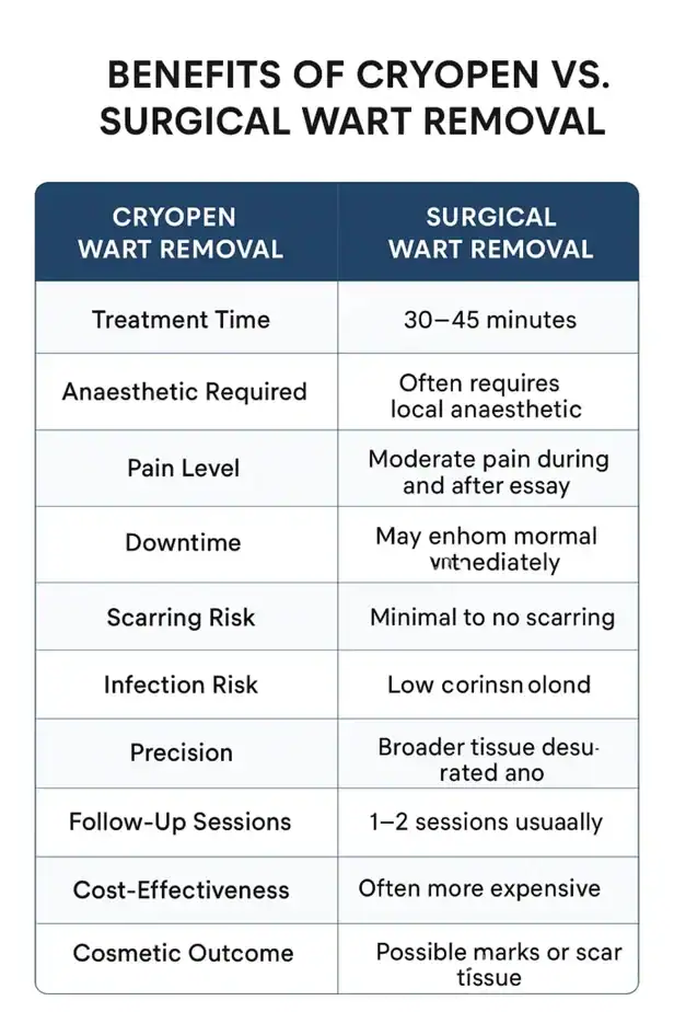 Table showing the benefits of cryopen to remove warts Coatbridge compared to surgical treatment
